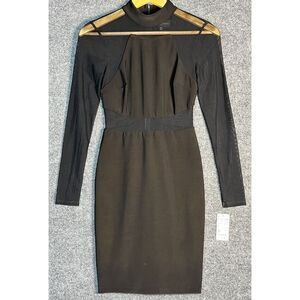 NWT Betsy & Adam Sheath Dress Knee Length Mesh Trim Mock Neck Black Women Size 0